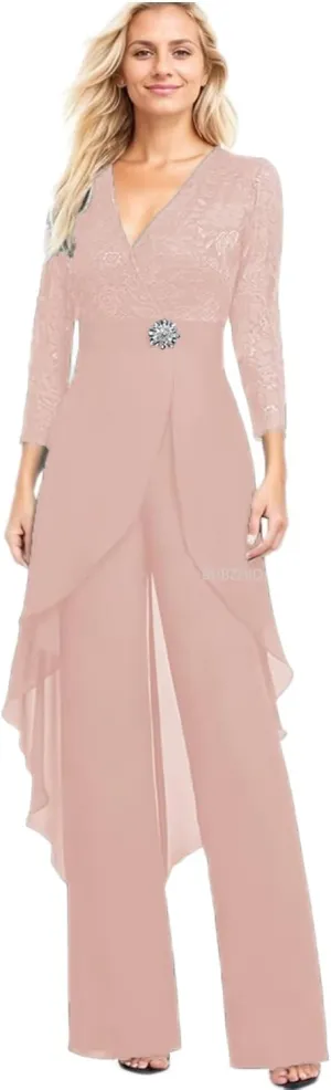 2 Pieces Mother of The Bride Pant Suits for Women Lace Chiffon Formal Outfits Long Sleeve Dressy Pantsutis