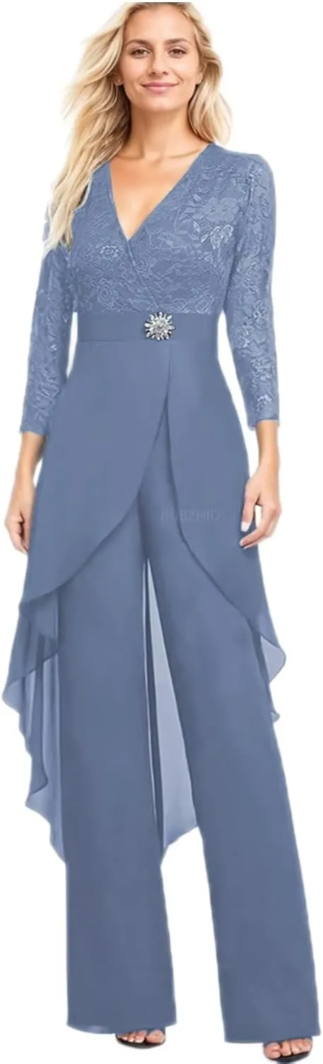 2 Pieces Mother of The Bride Pant Suits for Women Lace Chiffon Formal Outfits Long Sleeve Dressy Pantsutis