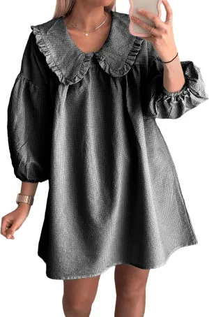 2025 Women's Babydoll 3/4 Puff Sleeve Plaid Mini Dress Lapel Doll Collar Loose Y2k Dress