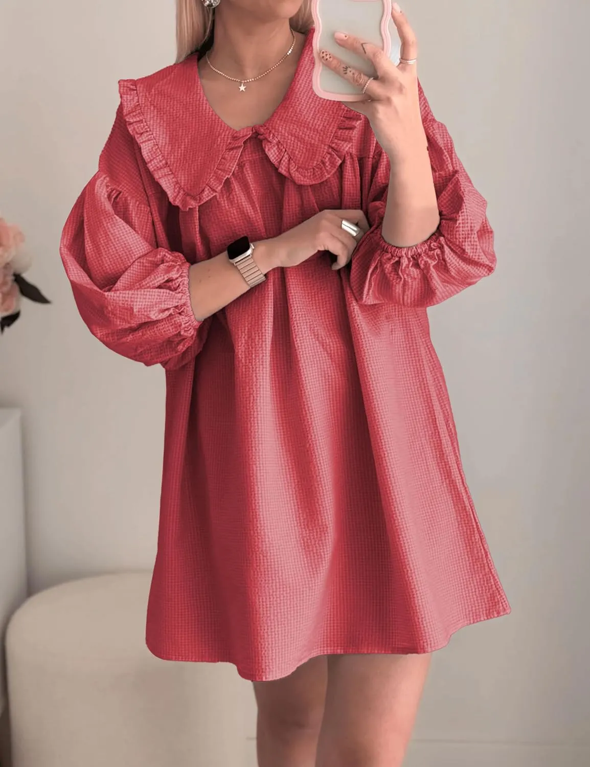 2025 Women's Babydoll 3/4 Puff Sleeve Plaid Mini Dress Lapel Doll Collar Loose Y2k Dress