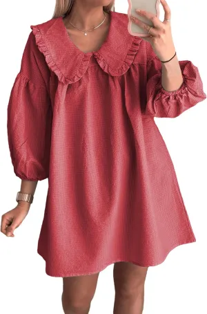 2025 Women's Babydoll 3/4 Puff Sleeve Plaid Mini Dress Lapel Doll Collar Loose Y2k Dress