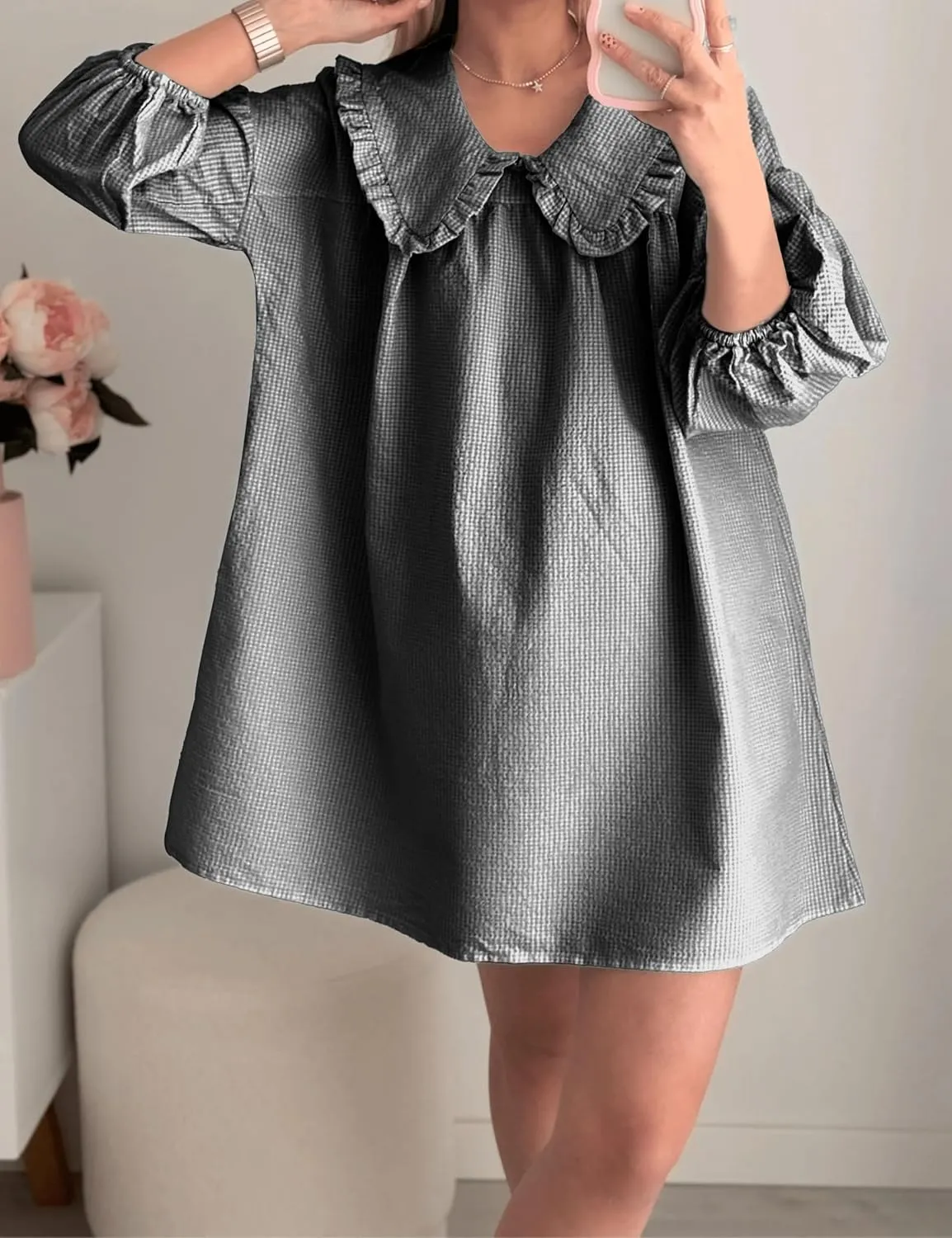 2025 Women's Babydoll 3/4 Puff Sleeve Plaid Mini Dress Lapel Doll Collar Loose Y2k Dress
