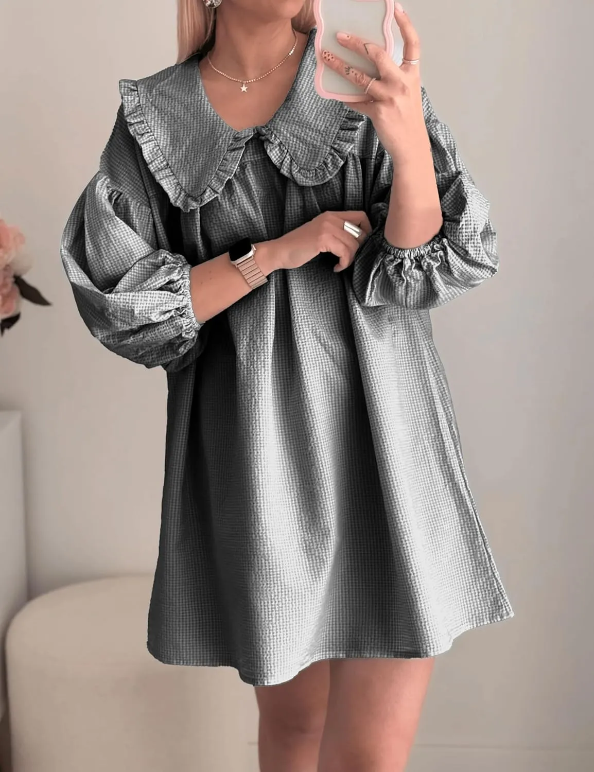 2025 Women's Babydoll 3/4 Puff Sleeve Plaid Mini Dress Lapel Doll Collar Loose Y2k Dress
