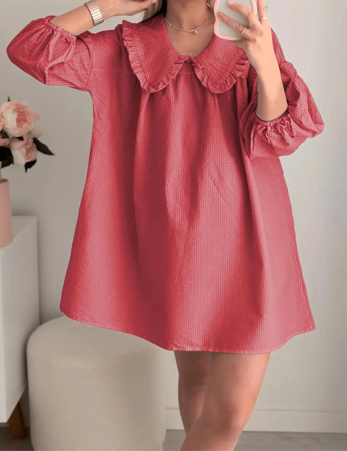 2025 Women's Babydoll 3/4 Puff Sleeve Plaid Mini Dress Lapel Doll Collar Loose Y2k Dress