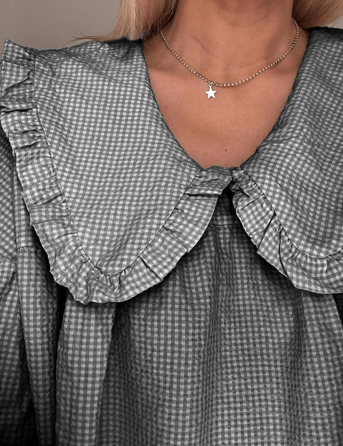 2025 Women's Babydoll 3/4 Puff Sleeve Plaid Mini Dress Lapel Doll Collar Loose Y2k Dress