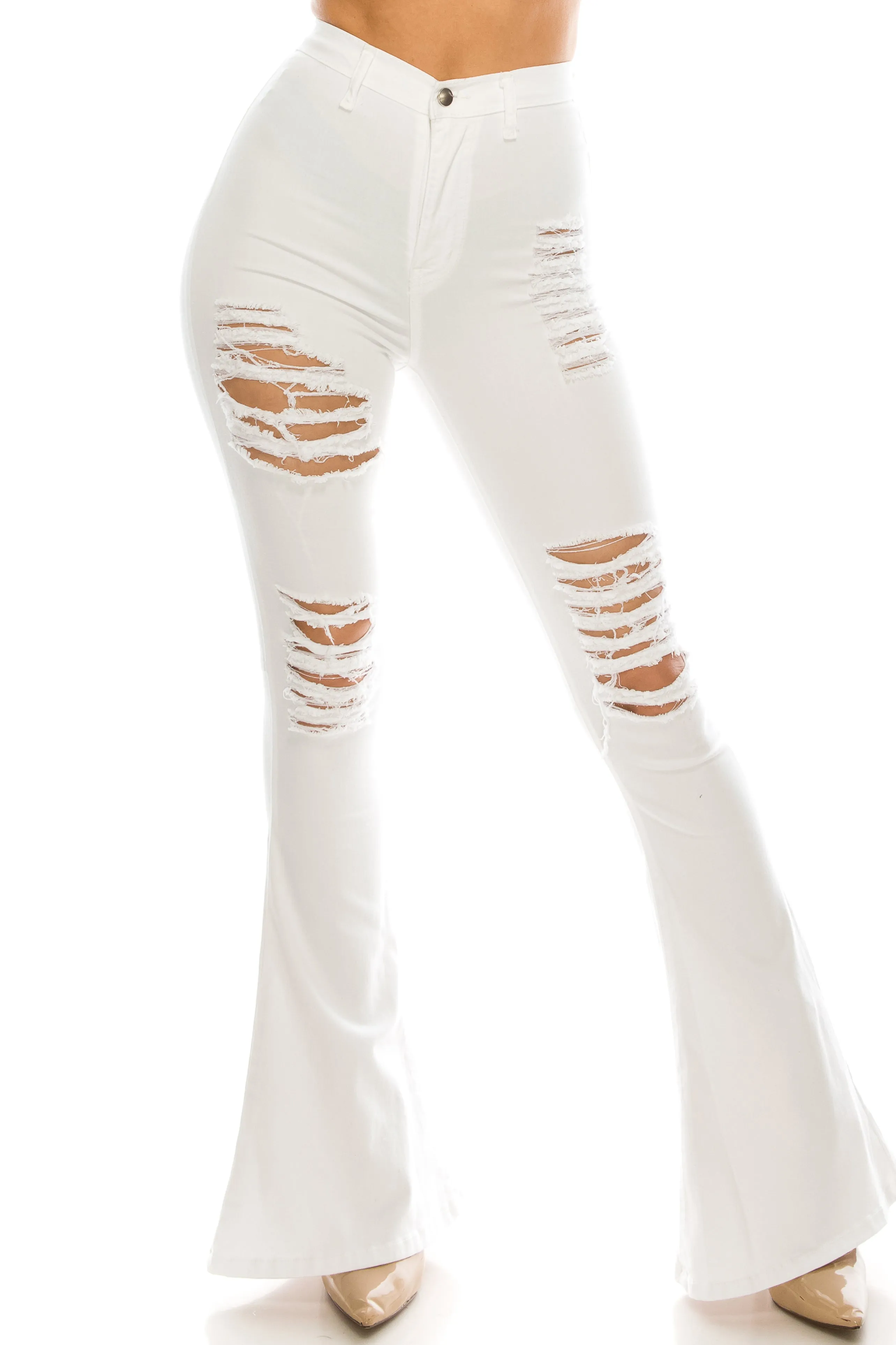 2055 Women's Super High Waisted Distressed Frayed Flare Jeans