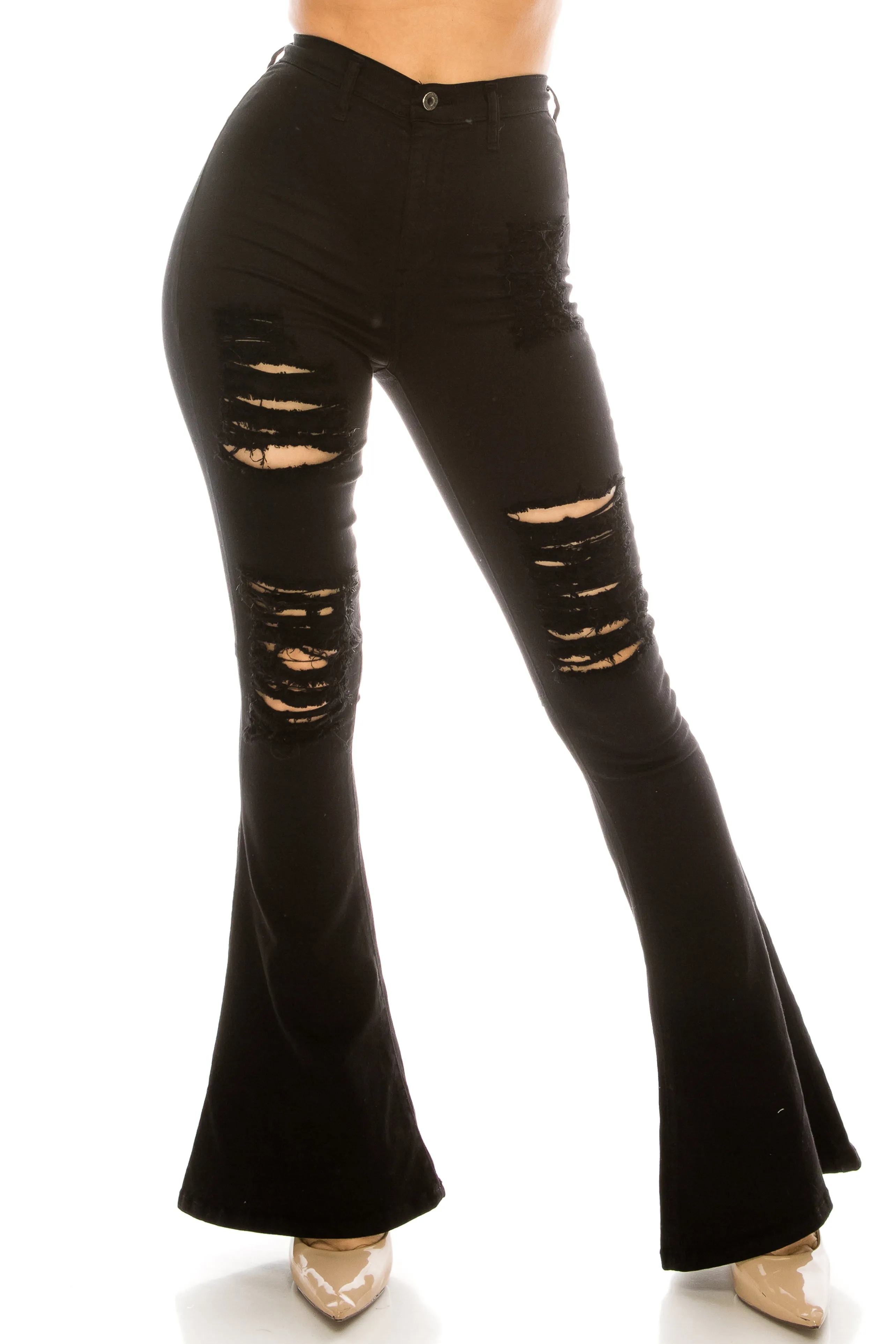 2055 Women's Super High Waisted Distressed Frayed Flare Jeans