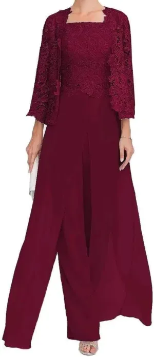 3 Pieces Mother of The Bride Pant Suits for Wedding Lace Chiffon Wedding Guest Outfit for Women