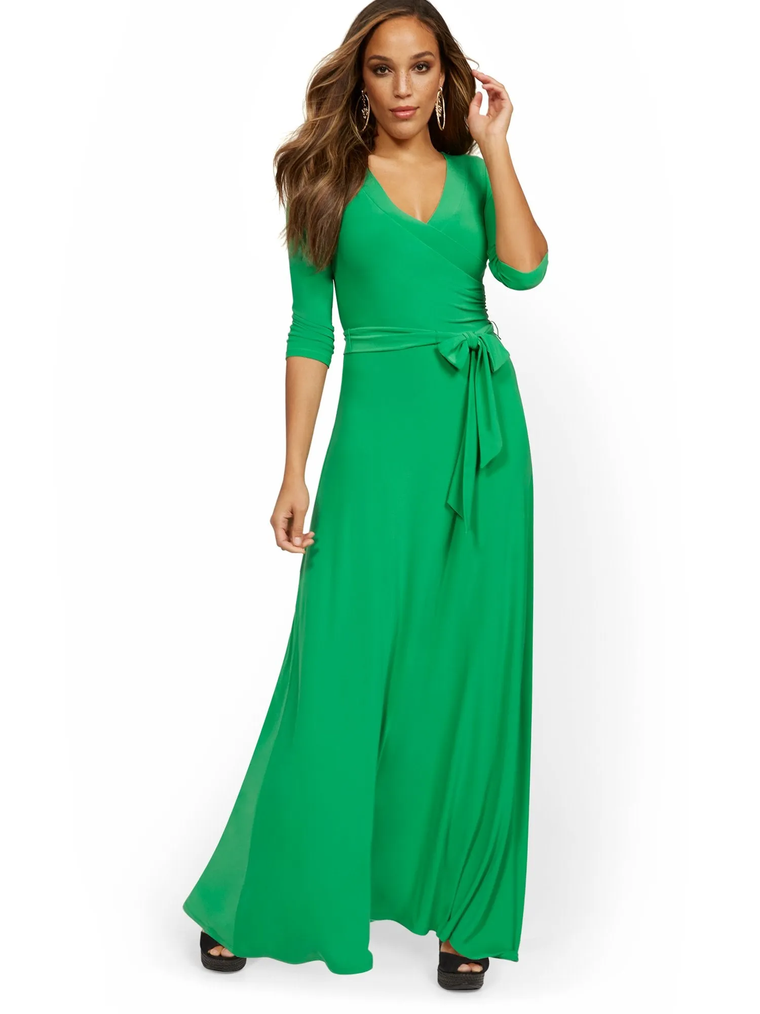 3/4-Sleeve Tie-Front Maxi Dress