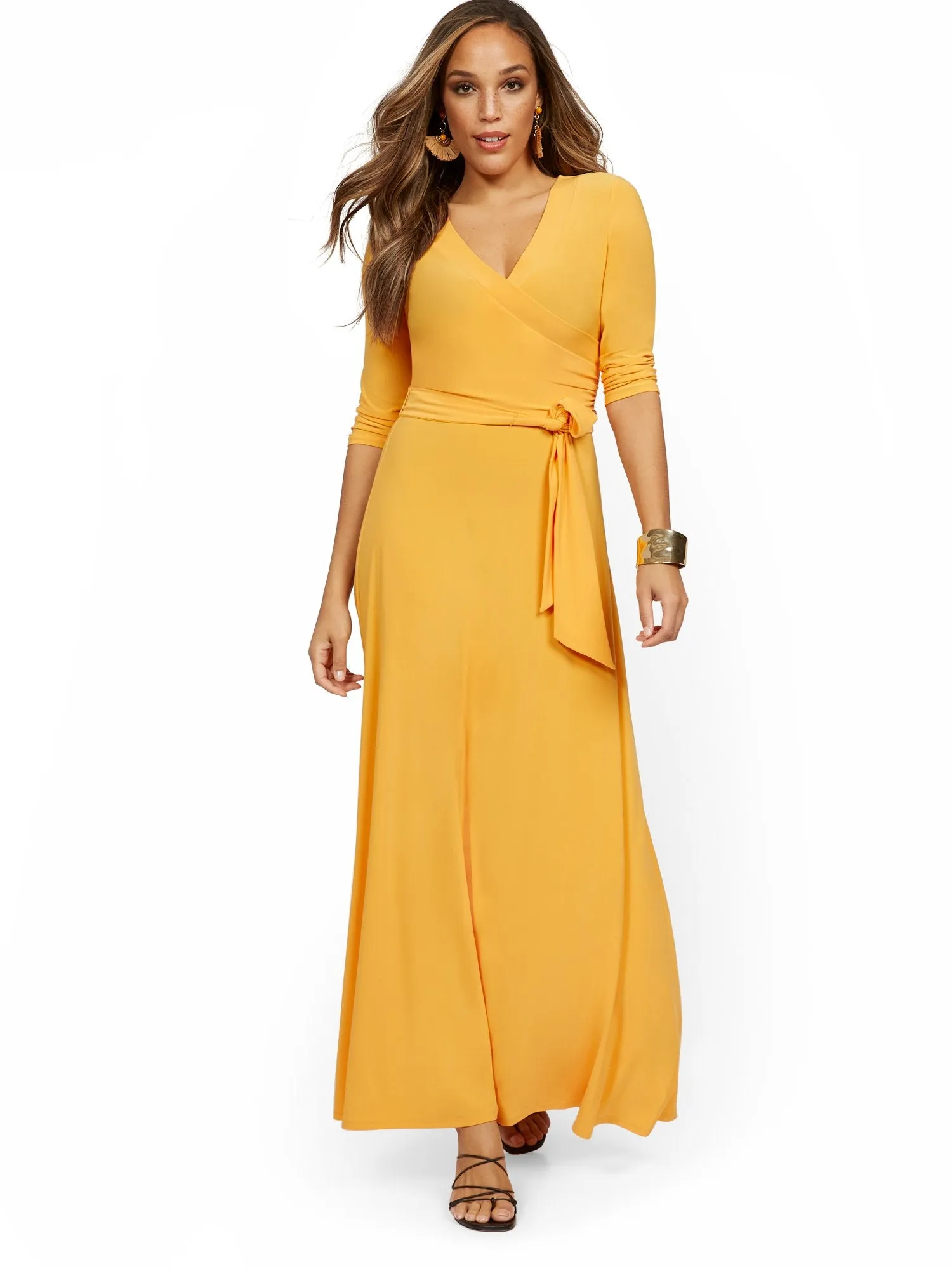 3/4-Sleeve Tie-Front Maxi Dress