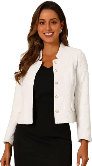 Allegra K Women's Plaid Tweed Blazer Long Sleeve Button Down Work Office Short Jacket