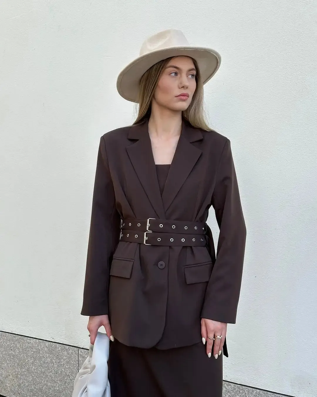 Back To School Joskaa Retro Collar Solid Color With Belt Women's Suit Jacket Chic Single Breasted Long Sleeved Flip Pocket Coats Female New Streetwear