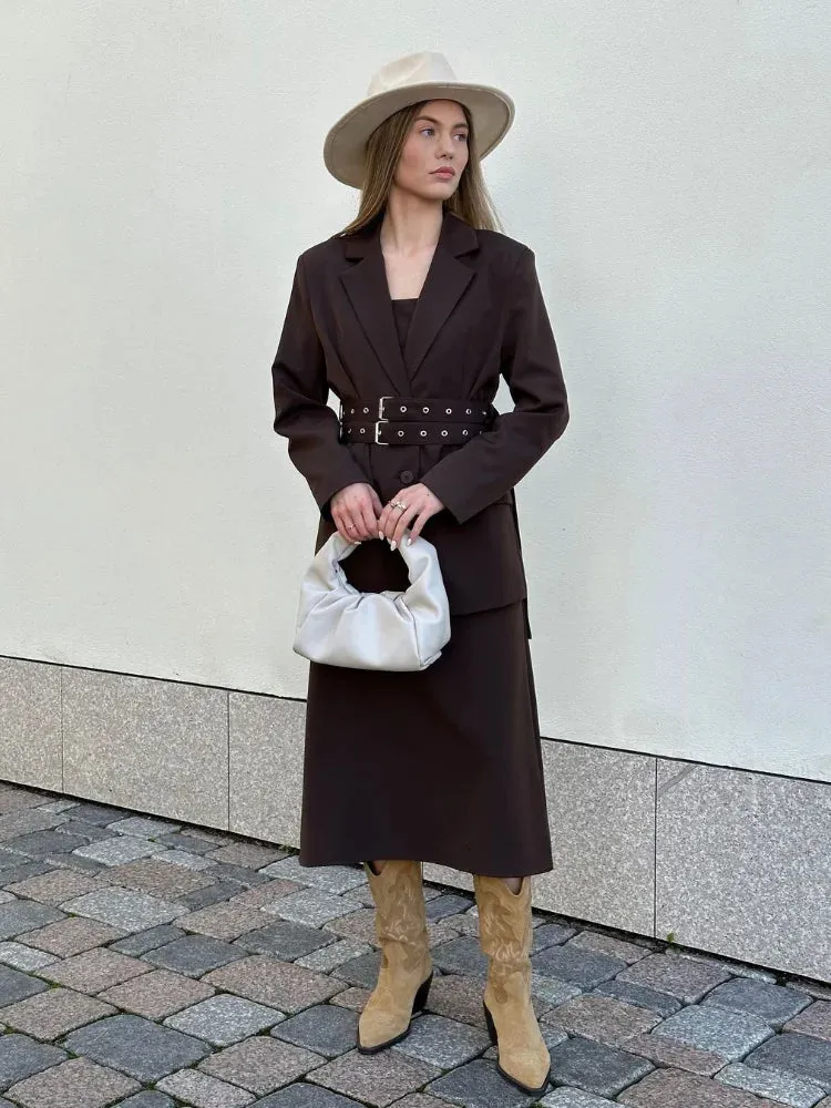 Back To School Joskaa Retro Collar Solid Color With Belt Women's Suit Jacket Chic Single Breasted Long Sleeved Flip Pocket Coats Female New Streetwear