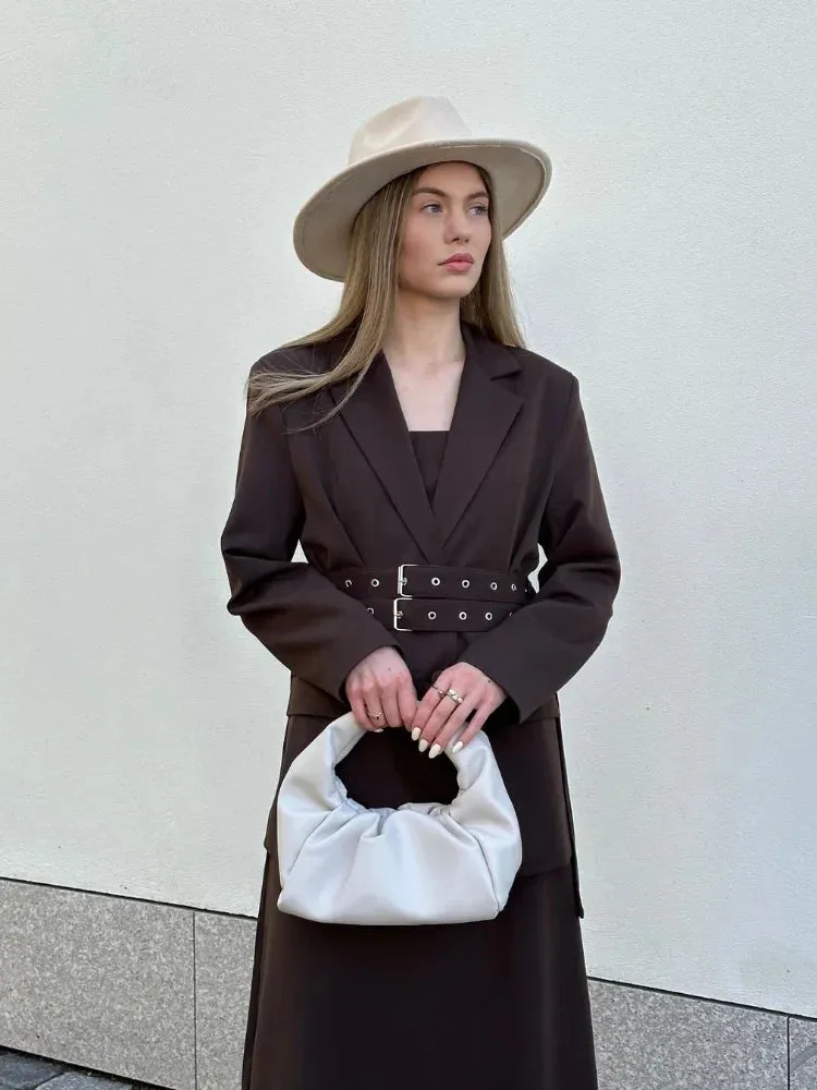 Back To School Joskaa Retro Collar Solid Color With Belt Women's Suit Jacket Chic Single Breasted Long Sleeved Flip Pocket Coats Female New Streetwear