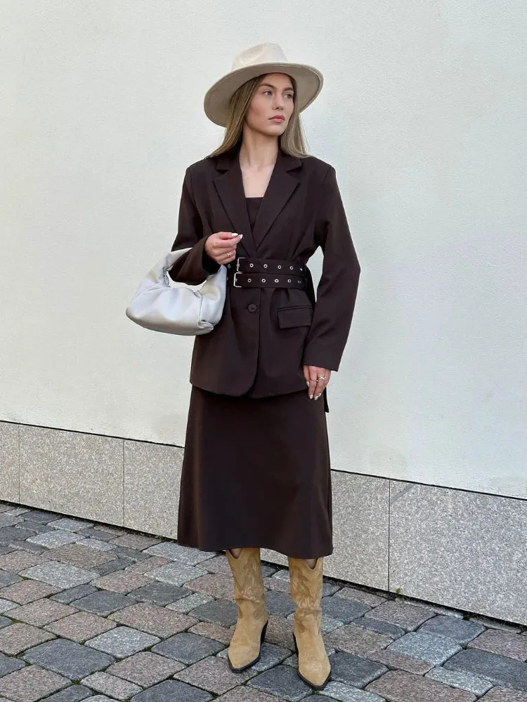 Back To School Joskaa Retro Collar Solid Color With Belt Women's Suit Jacket Chic Single Breasted Long Sleeved Flip Pocket Coats Female New Streetwear