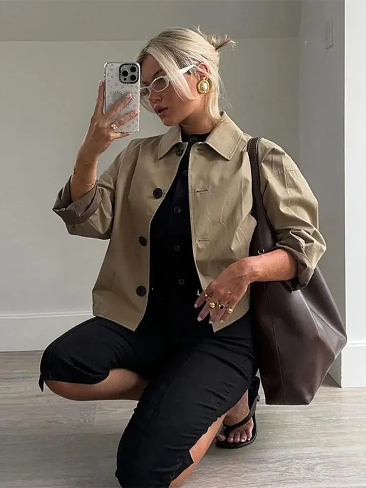 Back To School Joskaa Solid Single Breasted Lapel Women's Short Cropped Coat Chic Long Sleeves Loose Windbreak Ladies New Office High Street Outerwear