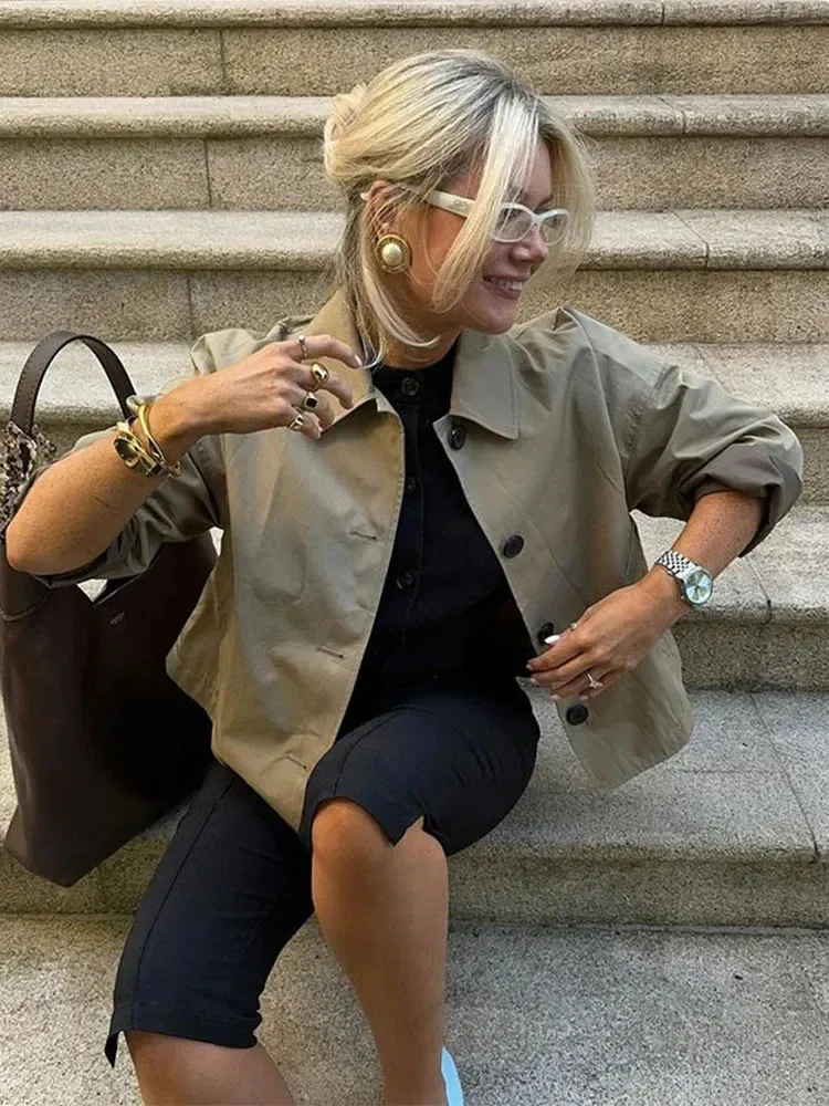 Back To School Joskaa Solid Single Breasted Lapel Women's Short Cropped Coat Chic Long Sleeves Loose Windbreak Ladies New Office High Street Outerwear