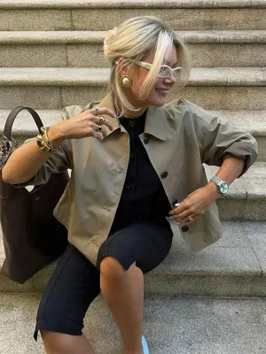 Back To School Joskaa Solid Single Breasted Lapel Women's Short Cropped Coat Chic Long Sleeves Loose Windbreak Ladies New Office High Street Outerwear