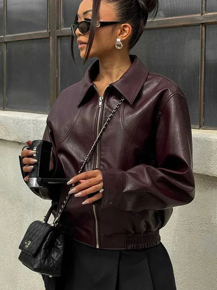 Black Friday Joskaa Faux Leather Short Jacket For Women Zipper Long Sleeve Lapel Moto Biker Street Coats Female 2024 New Chic Outwear Top