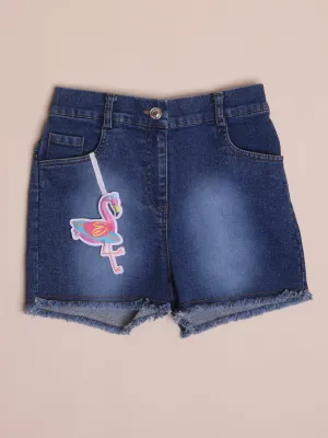 Blue mid rise denim shorts with Flamingo