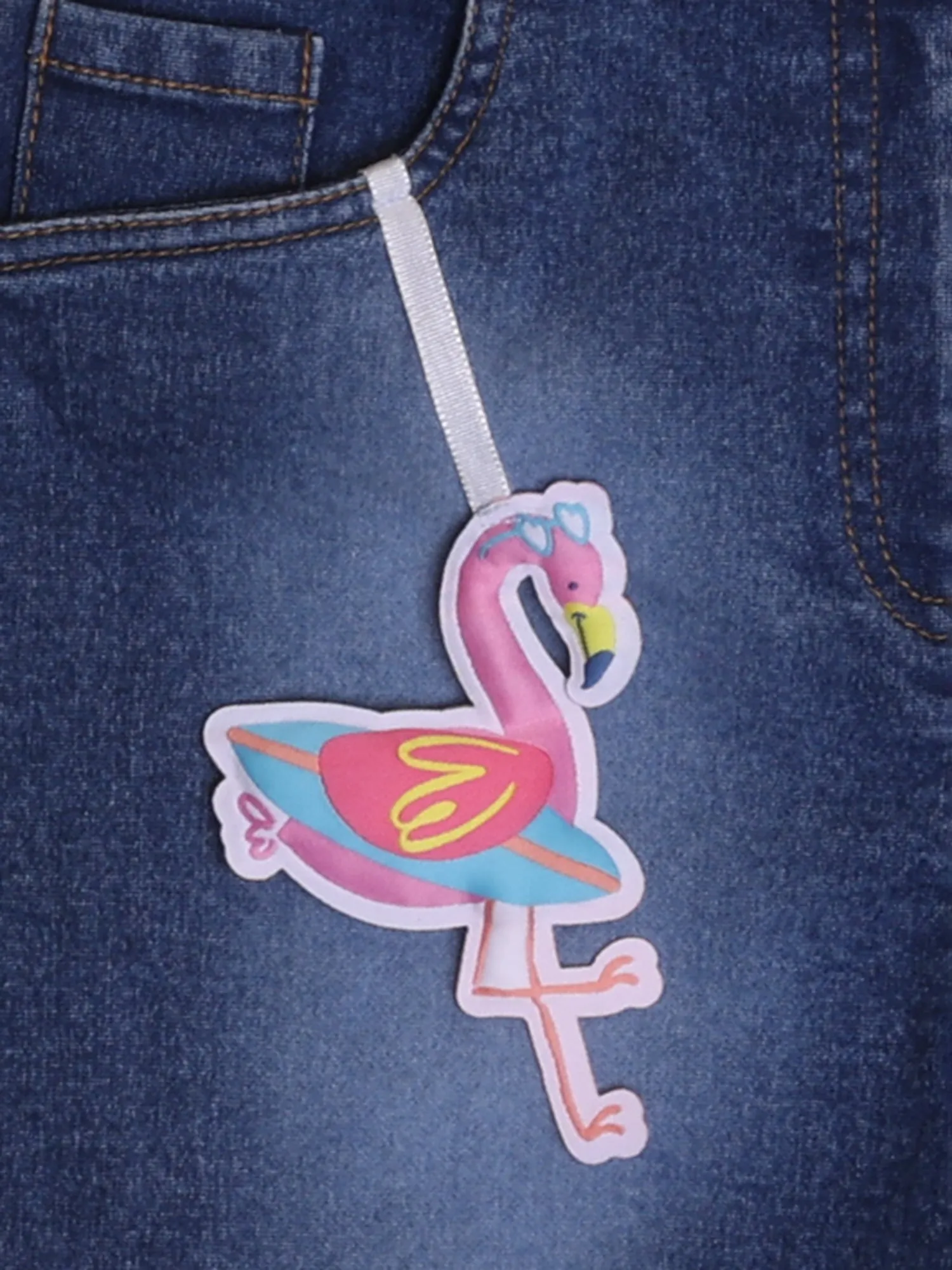 Blue mid rise denim shorts with Flamingo