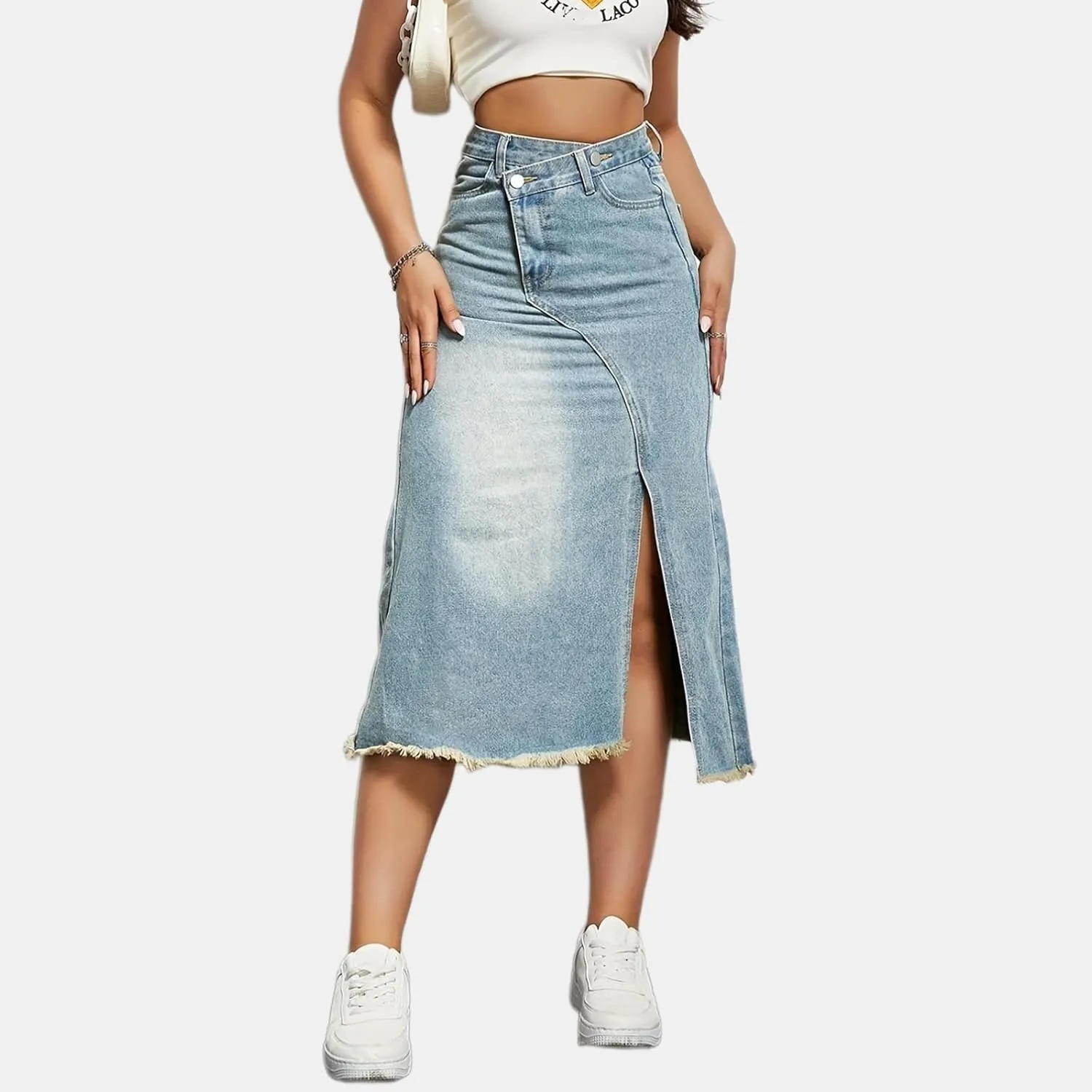 cffvdiz Women's Casual Denim Skirt High Waisted Slit Hem Slim Fit Midi Jean Skirt