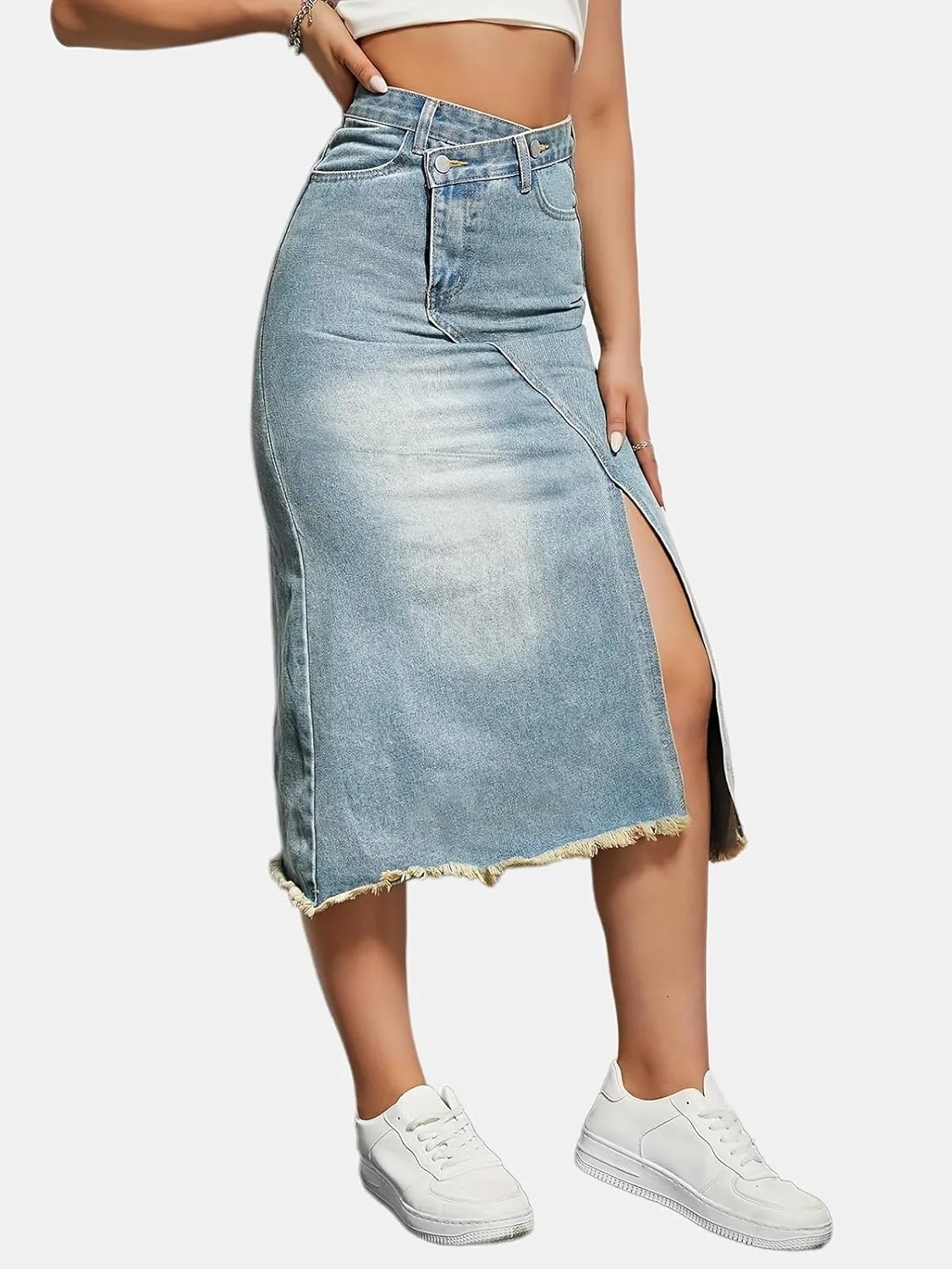 cffvdiz Women's Casual Denim Skirt High Waisted Slit Hem Slim Fit Midi Jean Skirt