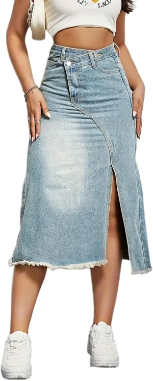 cffvdiz Women's Casual Denim Skirt High Waisted Slit Hem Slim Fit Midi Jean Skirt