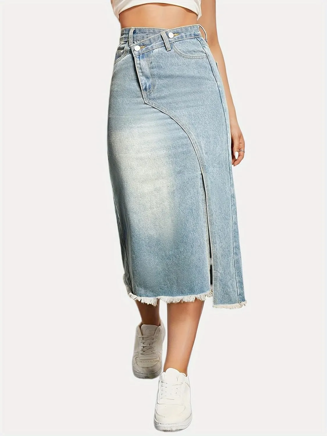 cffvdiz Women's Casual Denim Skirt High Waisted Slit Hem Slim Fit Midi Jean Skirt