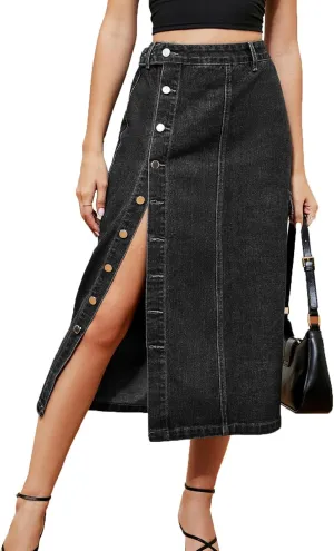 cffvdiz Women's Sexy Cargo Skirt Casual High Waisted Button Up Slit Denim Midi Jean Denim Skirt