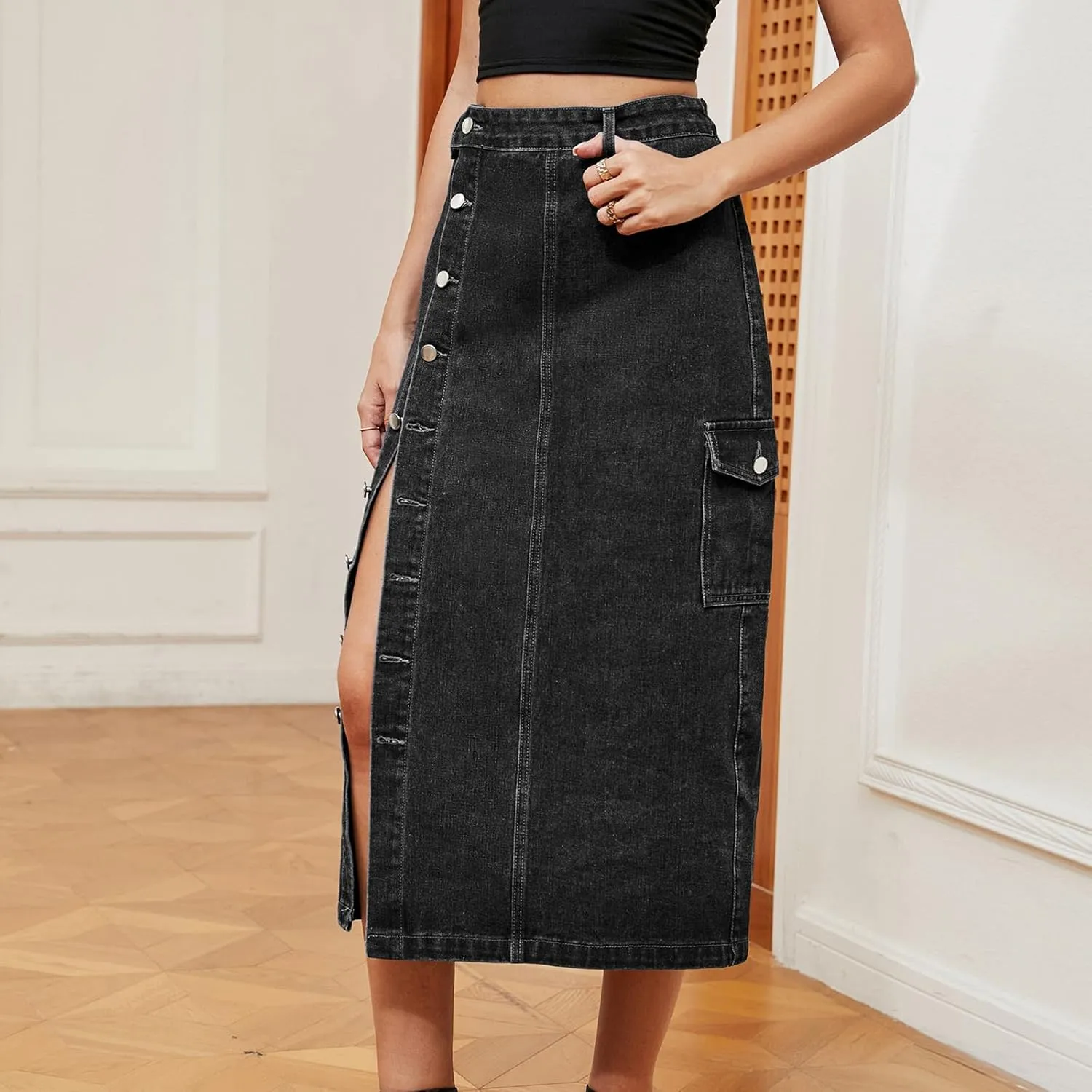 cffvdiz Women's Sexy Cargo Skirt Casual High Waisted Button Up Slit Denim Midi Jean Denim Skirt