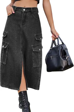 cffvdiz Women's Y2k Denim Cargo Skirt High Waisted Vintage Slit Casual Midi Cargo Skirt with Flap Pockets