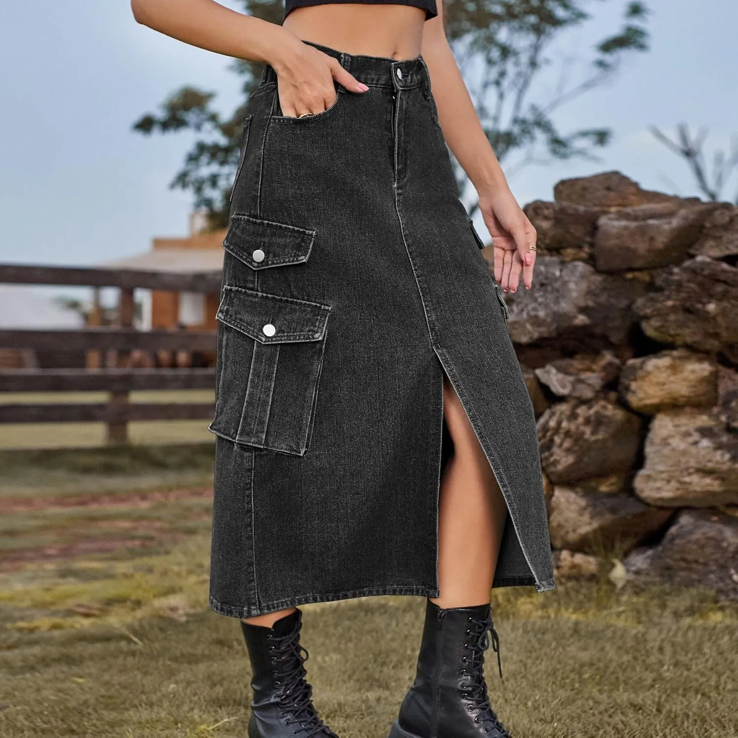 cffvdiz Women's Y2k Denim Cargo Skirt High Waisted Vintage Slit Casual Midi Cargo Skirt with Flap Pockets