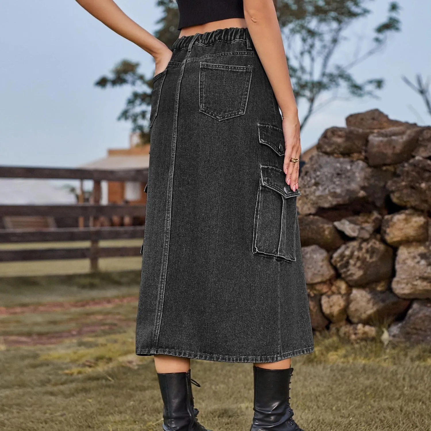 cffvdiz Women's Y2k Denim Cargo Skirt High Waisted Vintage Slit Casual Midi Cargo Skirt with Flap Pockets