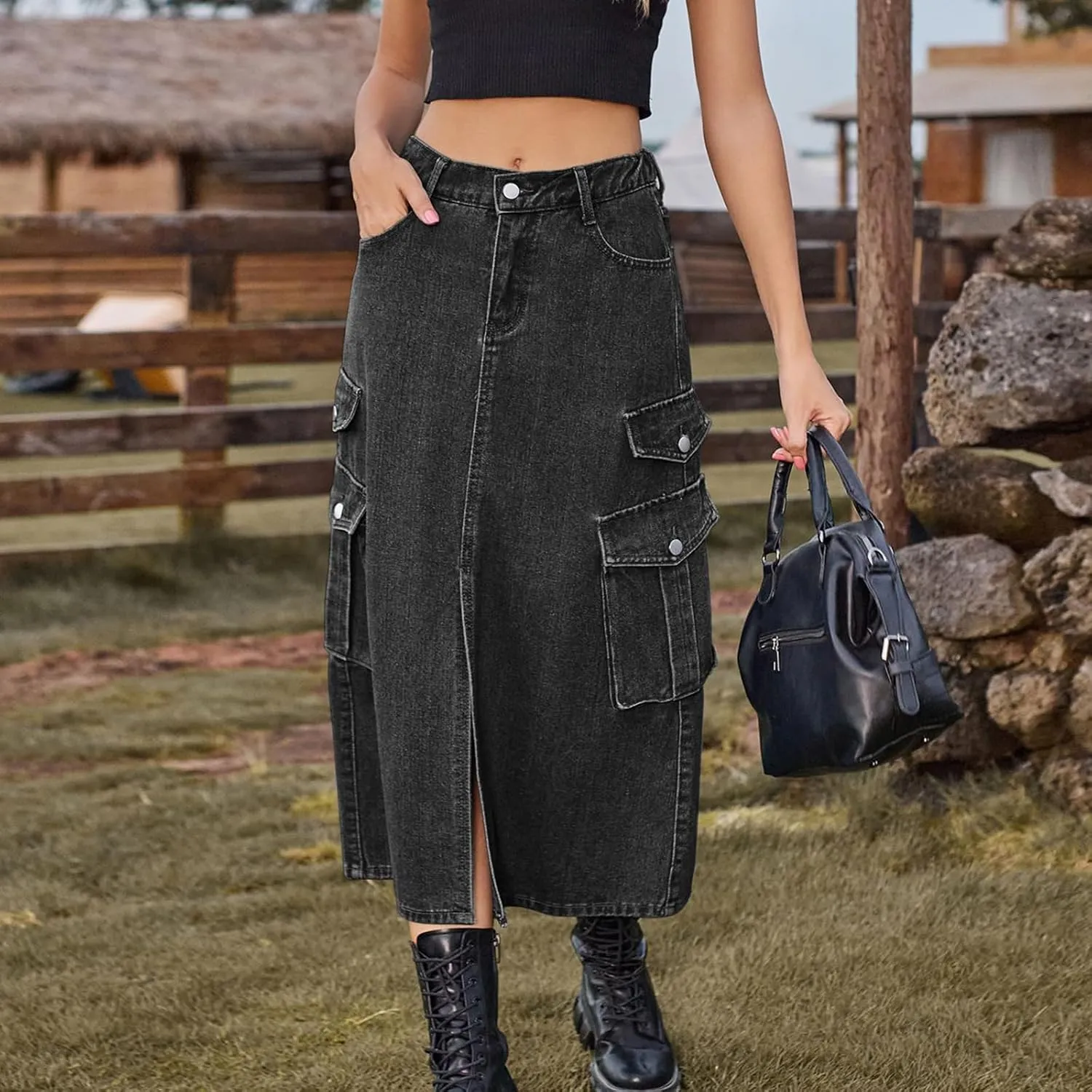 cffvdiz Women's Y2k Denim Cargo Skirt High Waisted Vintage Slit Casual Midi Cargo Skirt with Flap Pockets