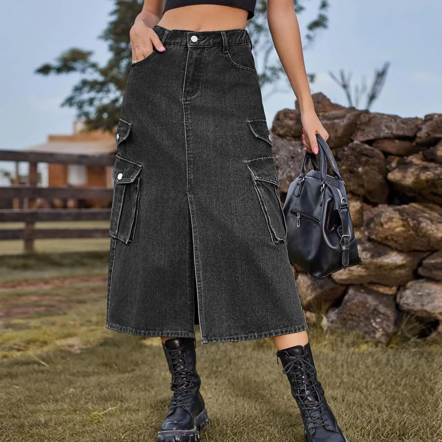 cffvdiz Women's Y2k Denim Cargo Skirt High Waisted Vintage Slit Casual Midi Cargo Skirt with Flap Pockets