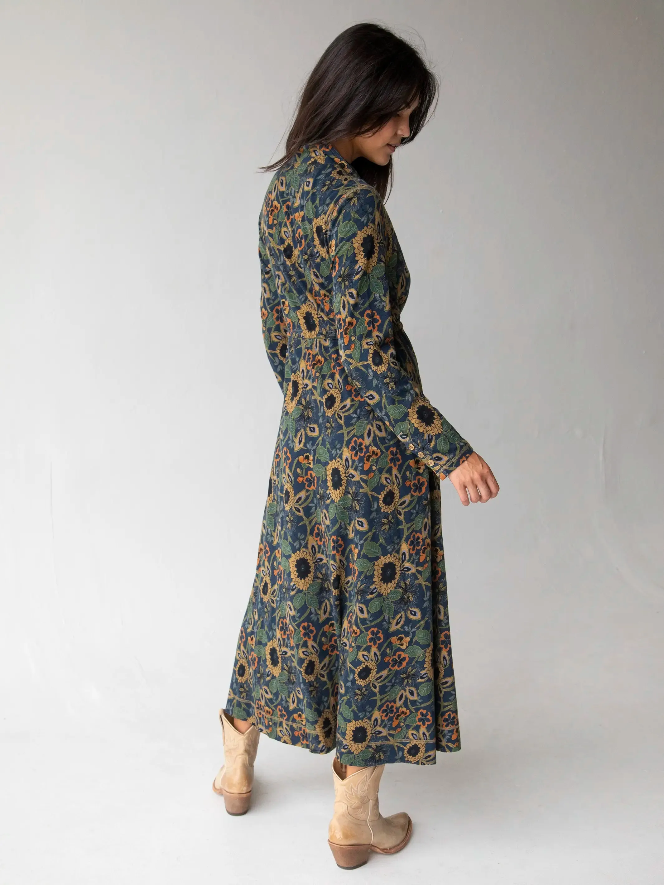 Christa Knit Cotton Maxi Dress - Navy Tan Dahlias