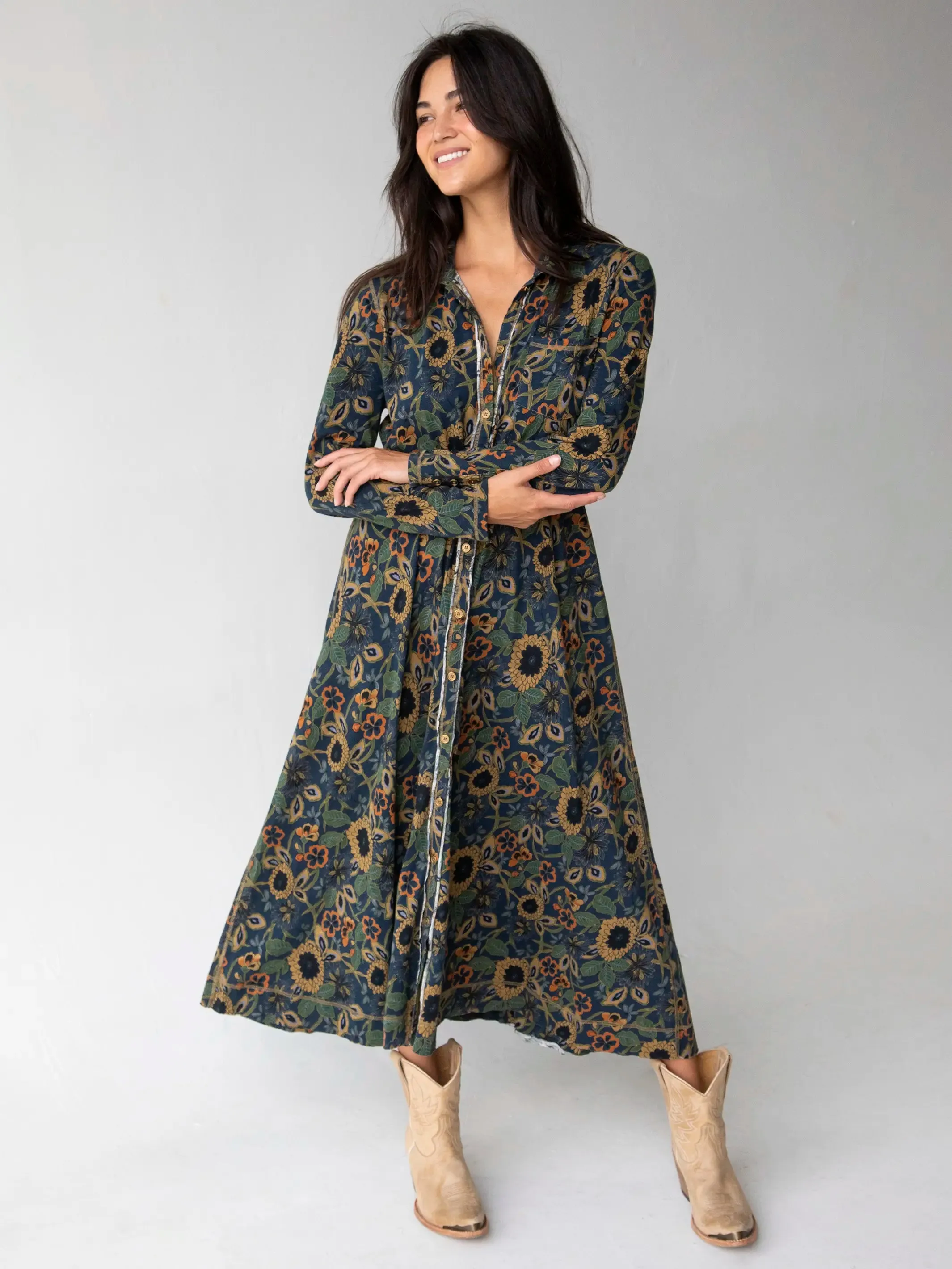 Christa Knit Cotton Maxi Dress - Navy Tan Dahlias