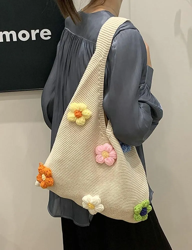 Crochet Tote Bag Women 2025 Trendy Woven Summer Beach Bag Large Shoulder Purse Tote Handbags with Handwoven Flower