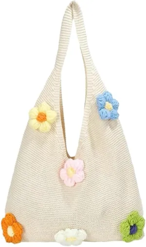 Crochet Tote Bag Women 2025 Trendy Woven Summer Beach Bag Large Shoulder Purse Tote Handbags with Handwoven Flower