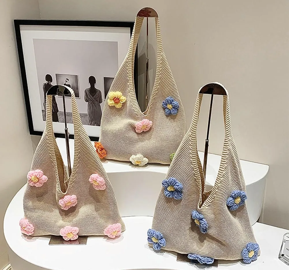 Crochet Tote Bag Women 2025 Trendy Woven Summer Beach Bag Large Shoulder Purse Tote Handbags with Handwoven Flower
