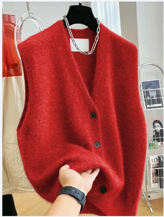 DERMEARNE 2025 New Women Versatile V-neck Sweater Vest Coat Female Fashion Sleeveless Knitted Cardigan Sweaters Vests Top
