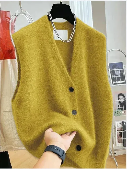 DERMEARNE 2025 New Women Versatile V-neck Sweater Vest Coat Female Fashion Sleeveless Knitted Cardigan Sweaters Vests Top