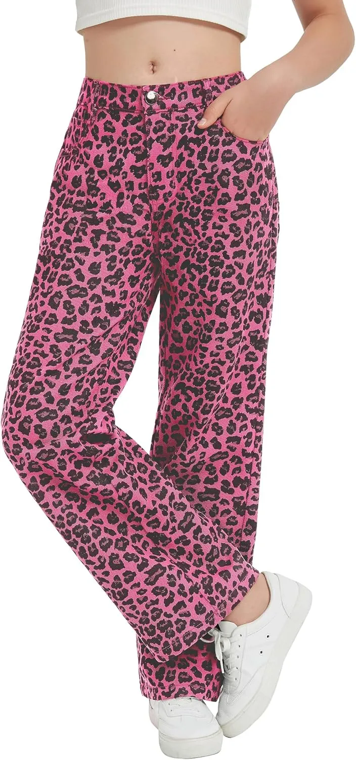 EXARUS Girls Wide Leg/Flare Jeans Bow Embroidery/Leopard Print Denim Pants with Pockets Casual for Kids 6-14Y