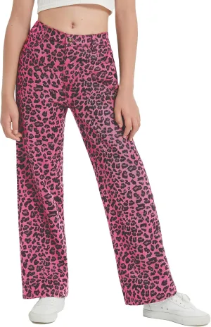 EXARUS Girls Wide Leg/Flare Jeans Bow Embroidery/Leopard Print Denim Pants with Pockets Casual for Kids 6-14Y