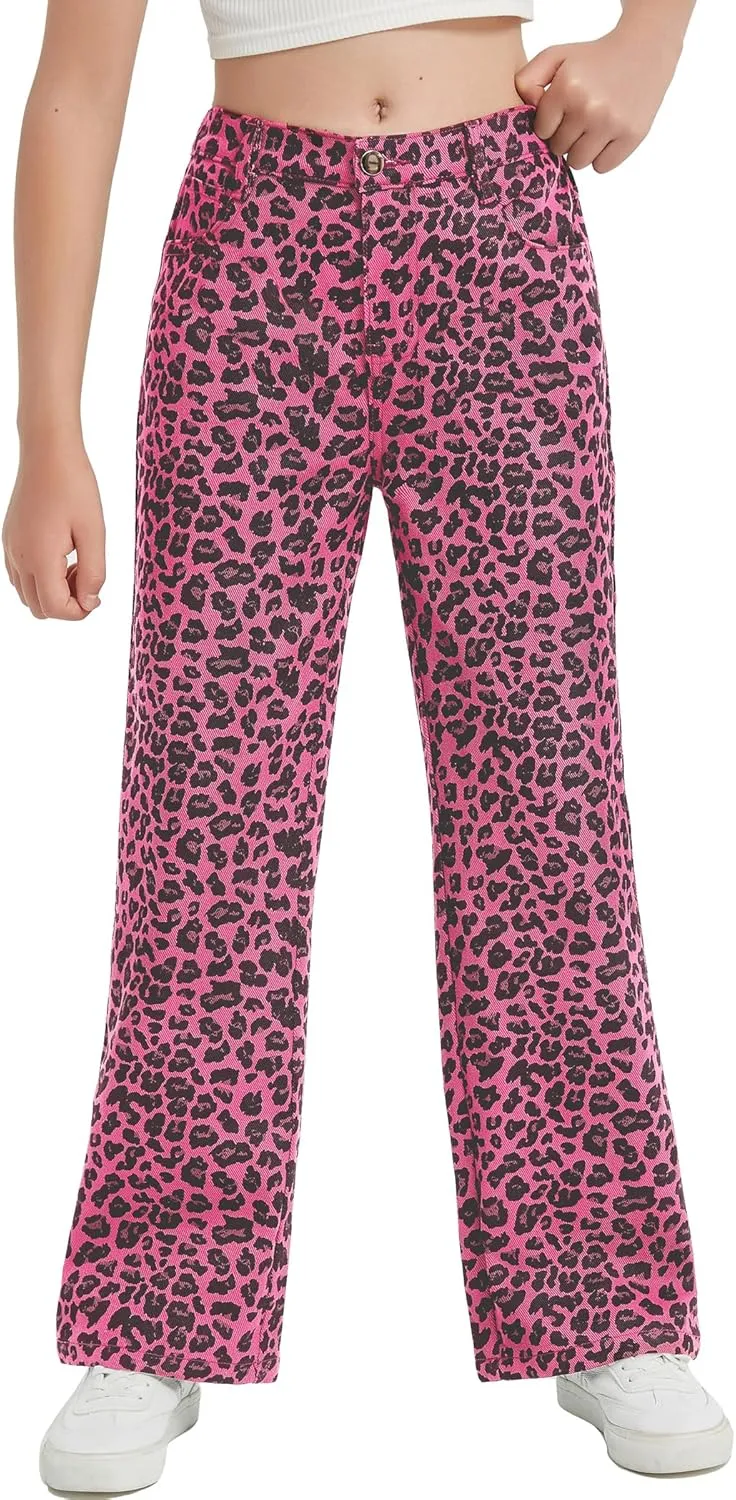 EXARUS Girls Wide Leg/Flare Jeans Bow Embroidery/Leopard Print Denim Pants with Pockets Casual for Kids 6-14Y