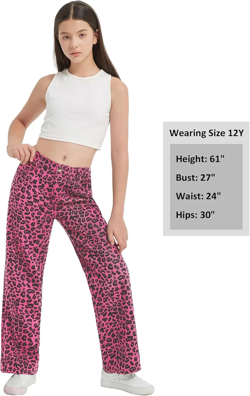 EXARUS Girls Wide Leg/Flare Jeans Bow Embroidery/Leopard Print Denim Pants with Pockets Casual for Kids 6-14Y