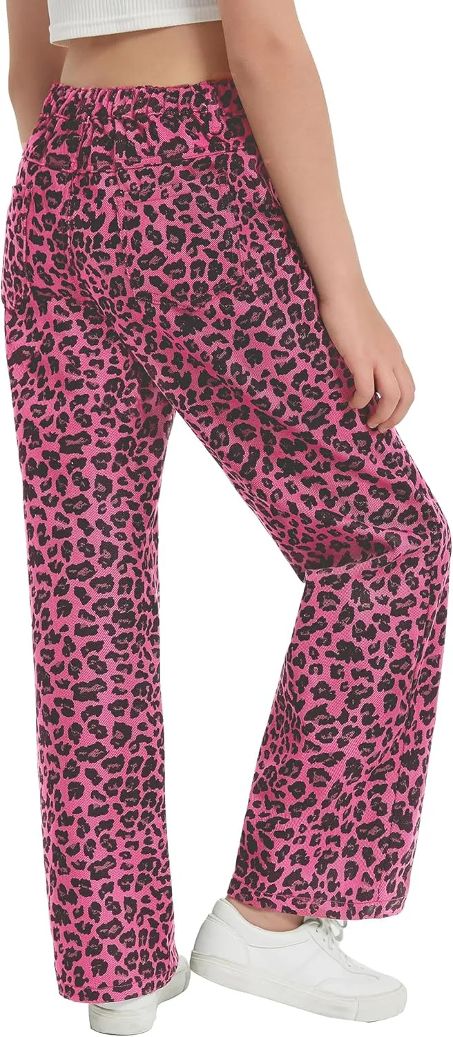 EXARUS Girls Wide Leg/Flare Jeans Bow Embroidery/Leopard Print Denim Pants with Pockets Casual for Kids 6-14Y