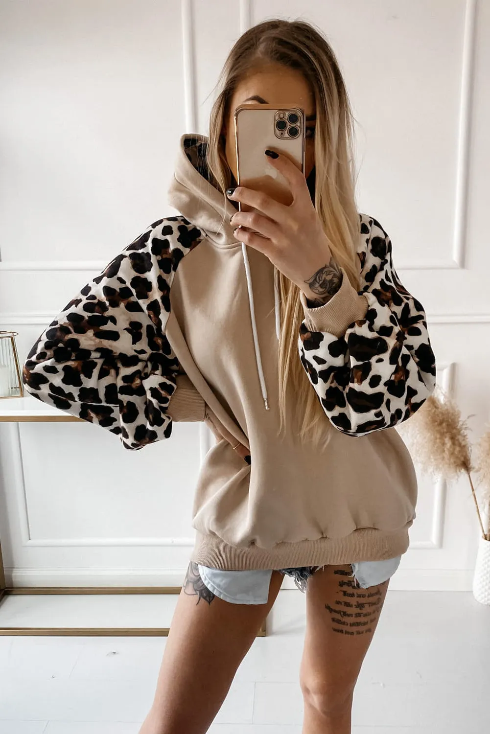 Gray Hooded Leopard Bishop Sleeve Sweatshirt