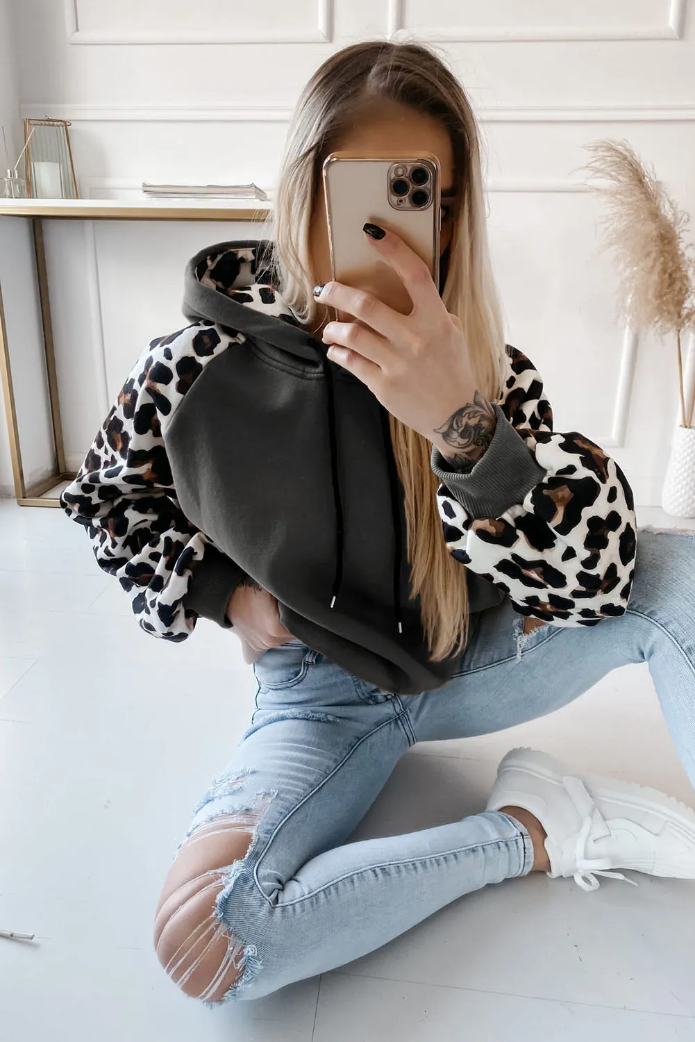 Gray Hooded Leopard Bishop Sleeve Sweatshirt